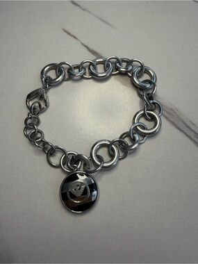 Emporio Armani Silver Link Charm Bracelet with Black Logo Disc